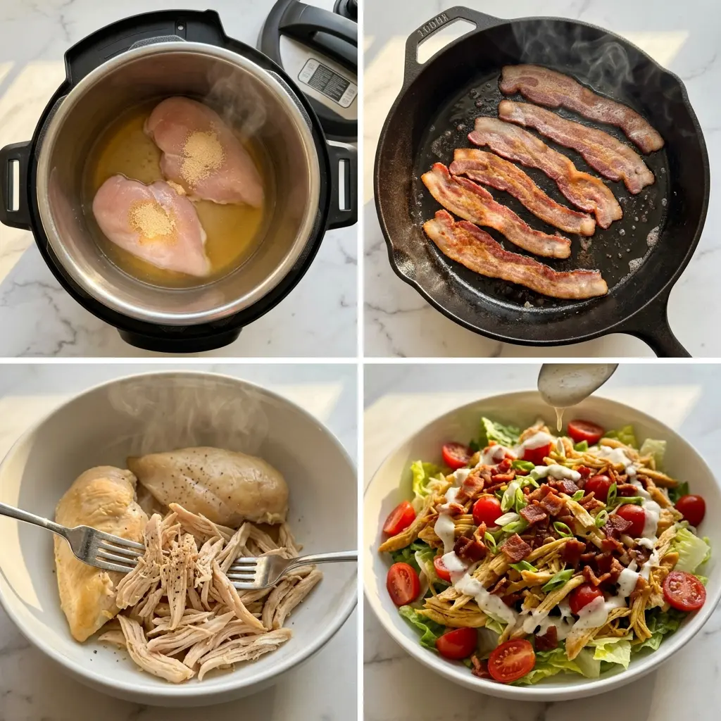 4-step cooking process collage for BLT chicken salad showing pressure cooking, crisping bacon, shredding chicken, and plating