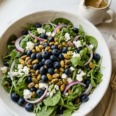blueberry pistachio spring salad in a white ceramic bowl with goat cheese and pistachios