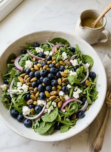 blueberry pistachio spring salad in a white ceramic bowl with goat cheese and pistachios