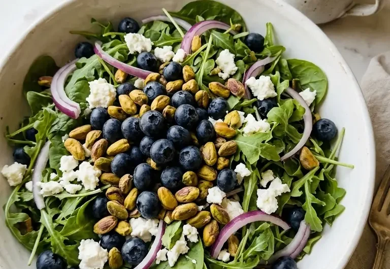 blueberry pistachio spring salad in a white ceramic bowl with goat cheese and pistachios