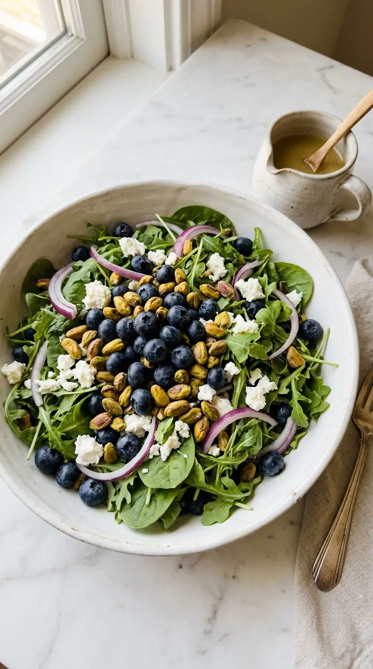 blueberry pistachio spring salad in a white ceramic bowl with goat cheese and pistachios