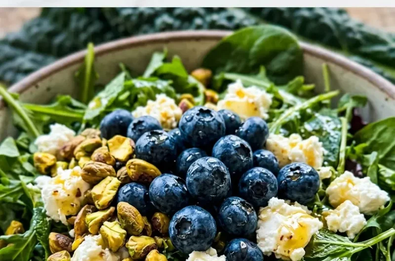 Pinterest pin image for blueberry pistachio spring salad with honey lemon dressing