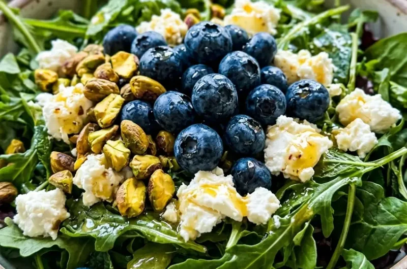 Pinterest pin image for blueberry pistachio spring salad with honey lemon dressing