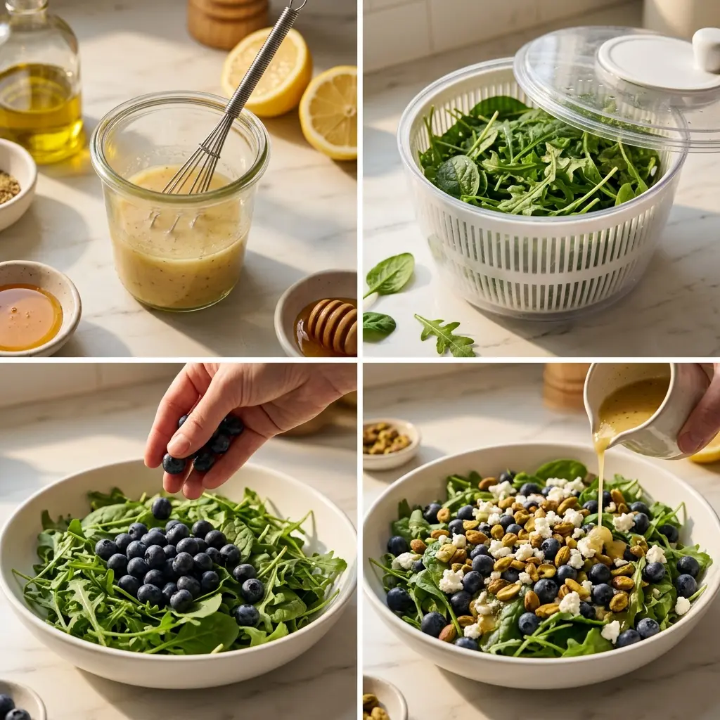 4-step cooking process collage for blueberry pistachio spring salad showing dressing, drying greens, adding blueberries, and finishing