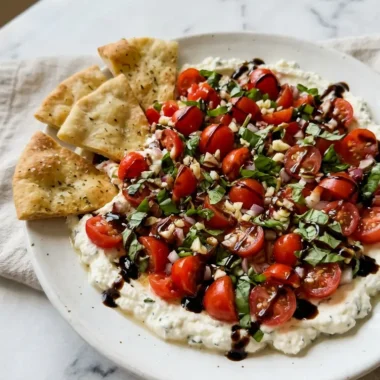 Bruschetta Dip on a white plate with tomatoes, basil, balsamic glaze, and pita chips ready for dipping
