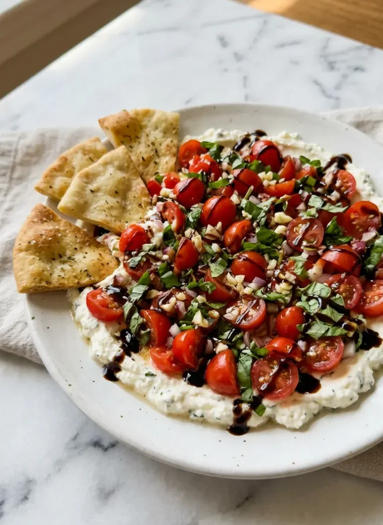 Bruschetta Dip on a white plate with tomatoes, basil, balsamic glaze, and pita chips ready for dipping