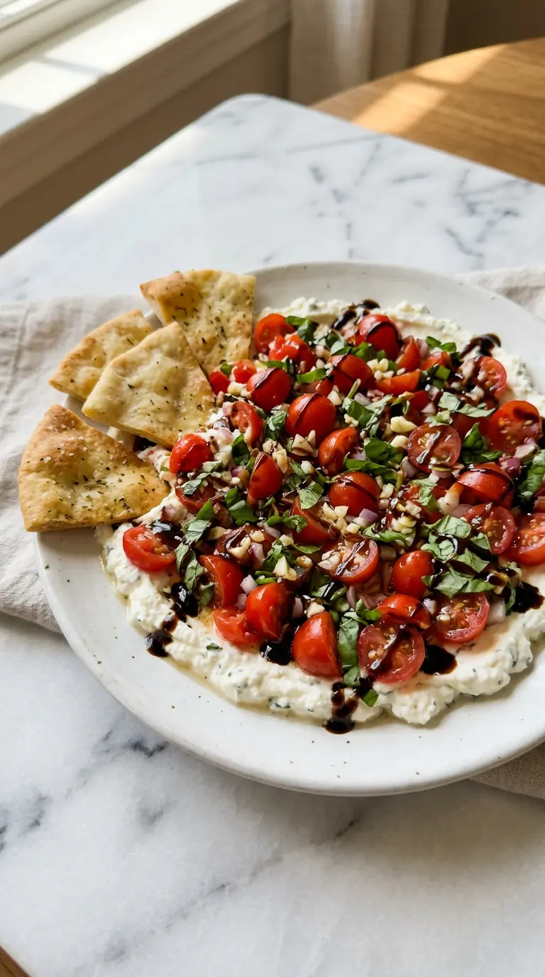 Bruschetta Dip on a white plate with tomatoes, basil, balsamic glaze, and pita chips ready for dipping