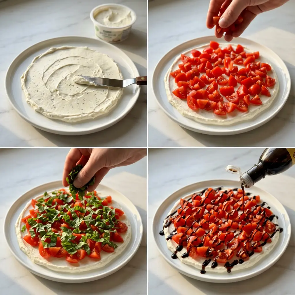 4-step cooking process collage for Bruschetta Dip showing spreading cheese, adding tomatoes, sprinkling basil, and drizzling glaze