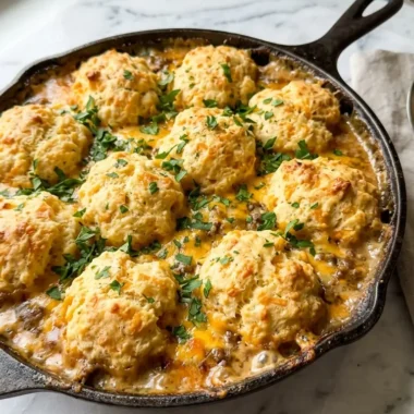 Cheddar Bay Hamburger Casserole served bubbling hot in cast-iron skillet with golden biscuits