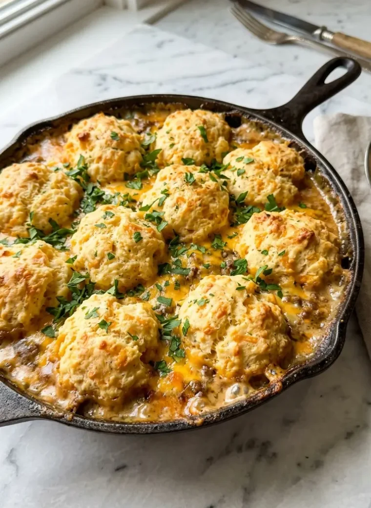 Cheddar Bay Hamburger Casserole served bubbling hot in cast-iron skillet with golden biscuits