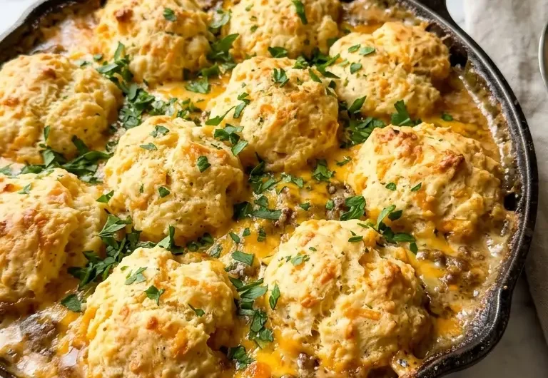 Cheddar Bay Hamburger Casserole served bubbling hot in cast-iron skillet with golden biscuits
