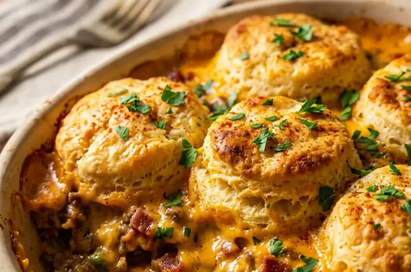 Pinterest pin image for Cheddar Bay Hamburger Casserole with golden biscuits and cheesy filling
