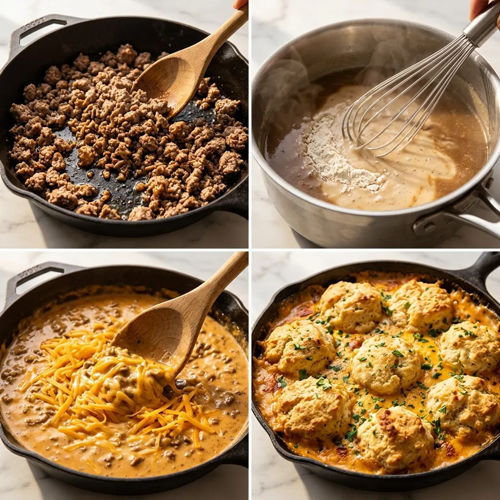 4-step cooking process collage for Cheddar Bay Hamburger Casserole showing browning beef, making sauce, melting cheese, and final baked result
