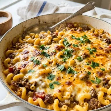 cheeseburger casserole in a white ceramic skillet with melted cheddar and elbow macaroni