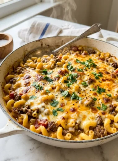 cheeseburger casserole in a white ceramic skillet with melted cheddar and elbow macaroni