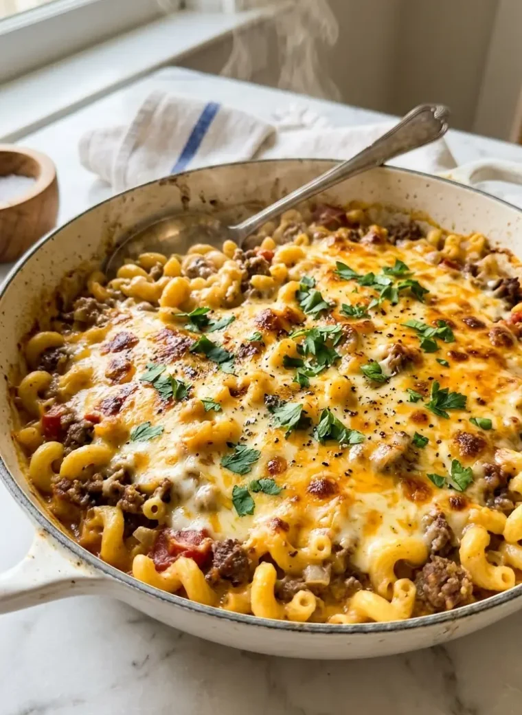 cheeseburger casserole in a white ceramic skillet with melted cheddar and elbow macaroni