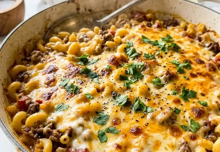 cheeseburger casserole in a white ceramic skillet with melted cheddar and elbow macaroni