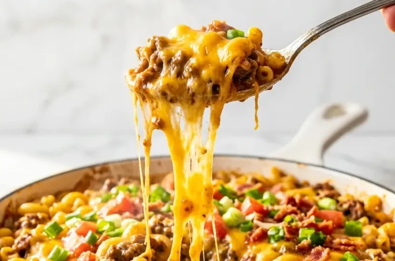 Pinterest pin for cheeseburger casserole with melted cheddar cheese pull from a white skillet