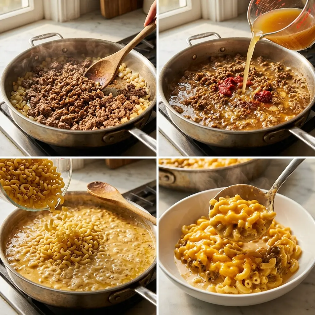 4-step cooking process collage for cheeseburger casserole showing browning beef, adding broth, pasta, and plating