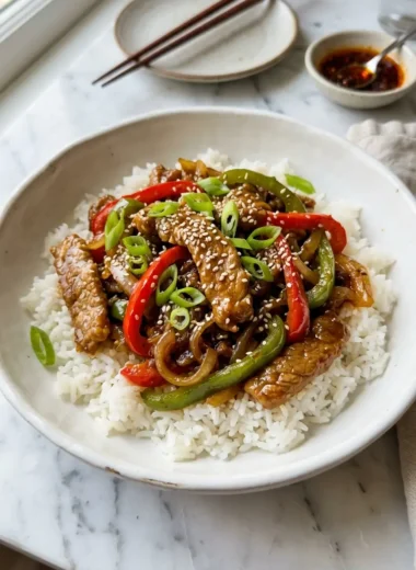 Sizzling Chinese Pepper Steak with onions in a white ceramic bowl over jasmine rice