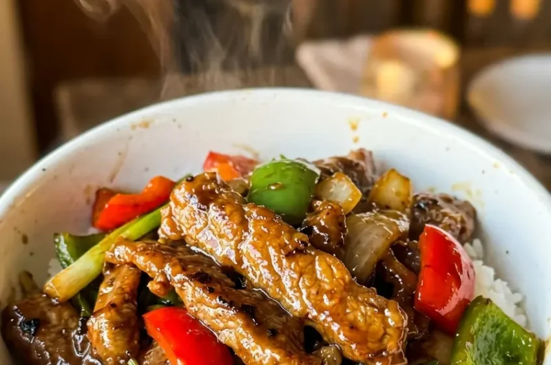 Pinterest pin for Sizzling Chinese Pepper Steak with bold glossy sauce over white rice