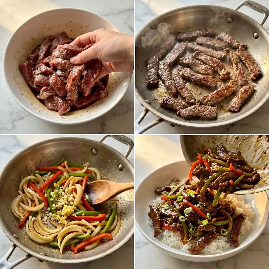 4-step cooking process collage for Sizzling Chinese Pepper Steak showing marinating, searing, stir frying, and plating