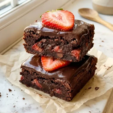 chocolate covered strawberry brownies stacked on white marble with glossy ganache and fresh strawberry