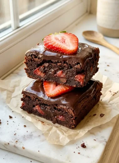 chocolate covered strawberry brownies stacked on white marble with glossy ganache and fresh strawberry