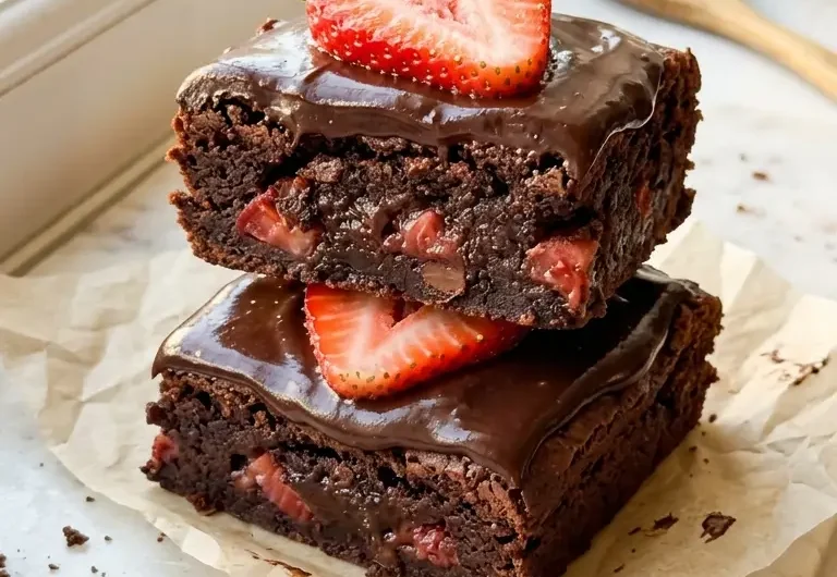 chocolate covered strawberry brownies stacked on white marble with glossy ganache and fresh strawberry