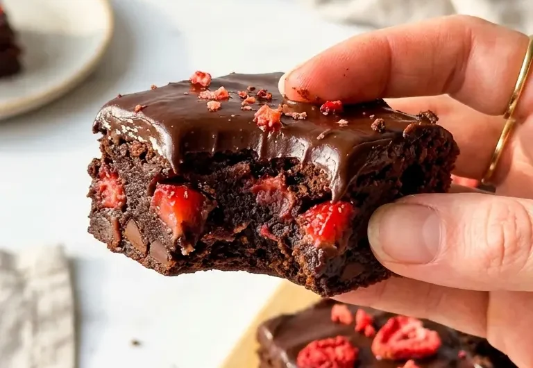 Pinterest pin image for chocolate covered strawberry brownies showing fudgy interior and glossy ganache