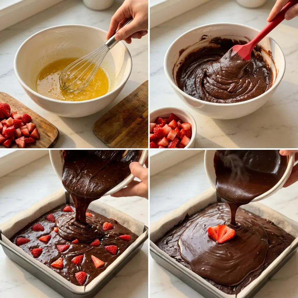 4-step cooking process collage for chocolate covered strawberry brownies showing mixing, folding, baking, and ganache