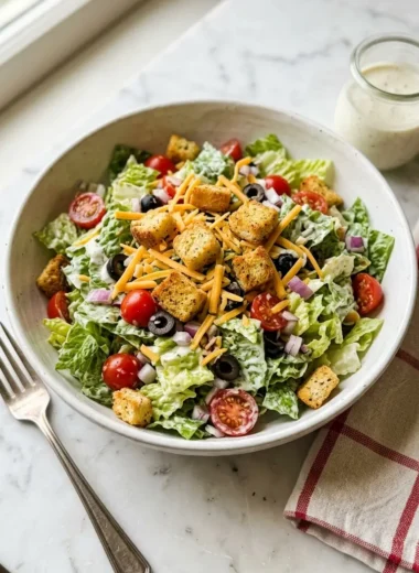 chopped salad Texas Roadhouse style in a white ceramic bowl with croutons and ranch dressing