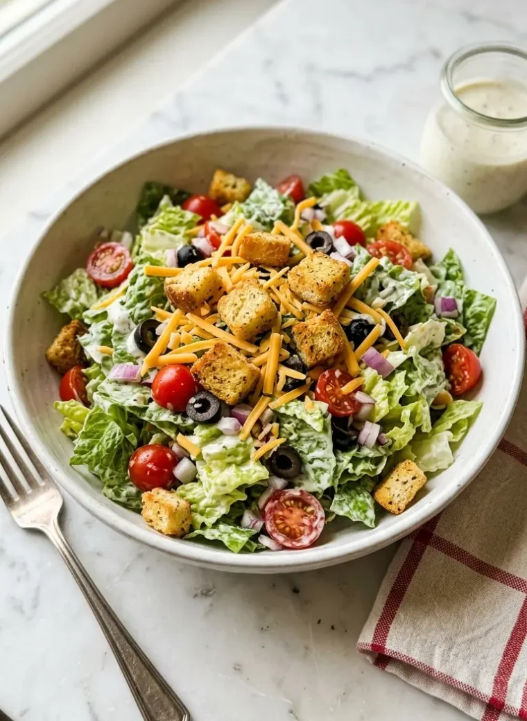 chopped salad Texas Roadhouse style in a white ceramic bowl with croutons and ranch dressing