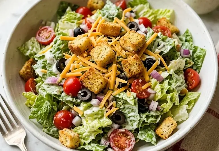 chopped salad Texas Roadhouse style in a white ceramic bowl with croutons and ranch dressing