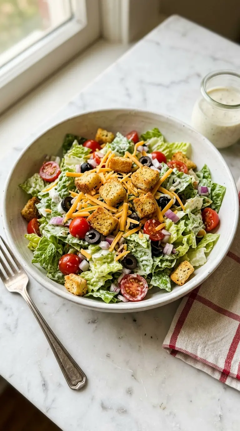 chopped salad Texas Roadhouse style in a white ceramic bowl with croutons and ranch dressing