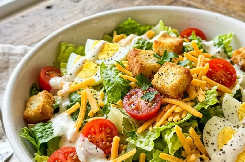 Pinterest pin for chopped salad Texas Roadhouse copycat with ranch dressing and golden croutons