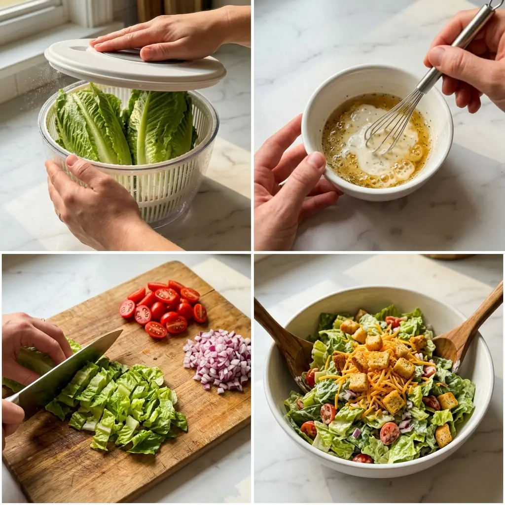 4-step cooking process collage for chopped salad Texas Roadhouse showing washing, dressing, chopping, and tossing