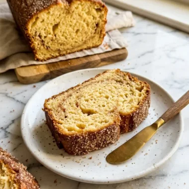 cozy cinnamon sugar donut bread loaf sliced on white ceramic plate showing golden crumb