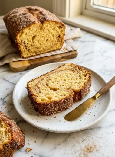cozy cinnamon sugar donut bread loaf sliced on white ceramic plate showing golden crumb