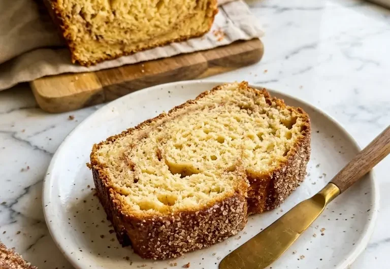cozy cinnamon sugar donut bread loaf sliced on white ceramic plate showing golden crumb