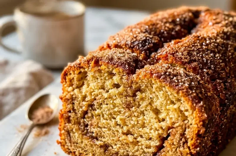 Pinterest pin image for cozy cinnamon sugar donut bread showing close-up slice with sparkling sugar crust