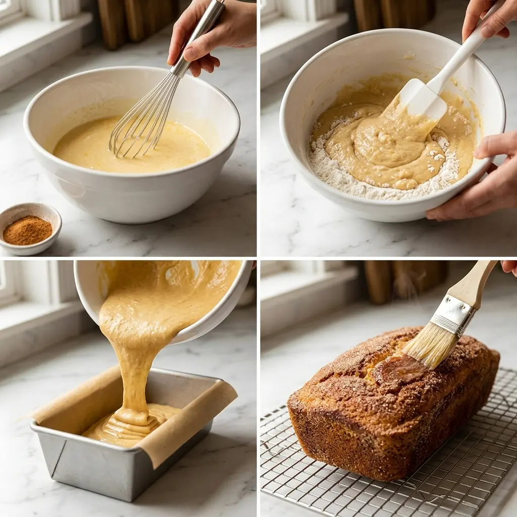 4-step cooking process collage for cozy cinnamon sugar donut bread showing mixing, folding, pouring, and coating