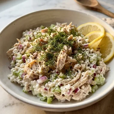 high protein cottage cheese chicken salad in a white bowl with fresh dill and lemon