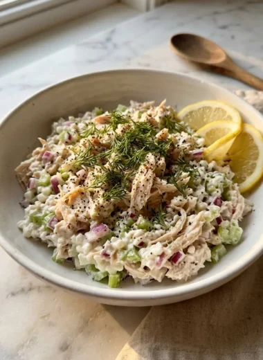 high protein cottage cheese chicken salad in a white bowl with fresh dill and lemon