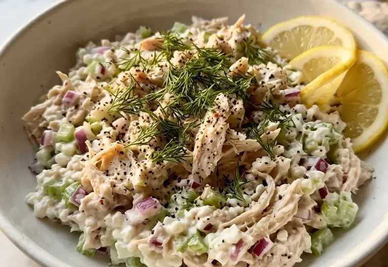 high protein cottage cheese chicken salad in a white bowl with fresh dill and lemon