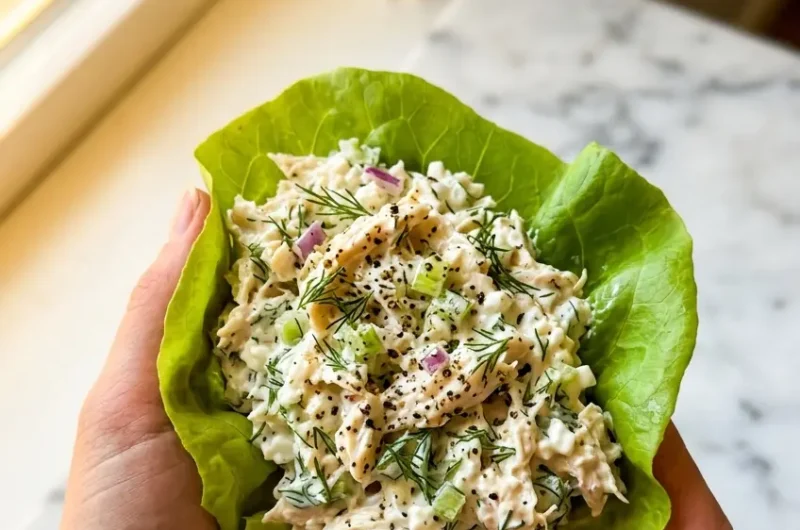 Pinterest pin for high protein cottage cheese chicken salad in a butter lettuce cup