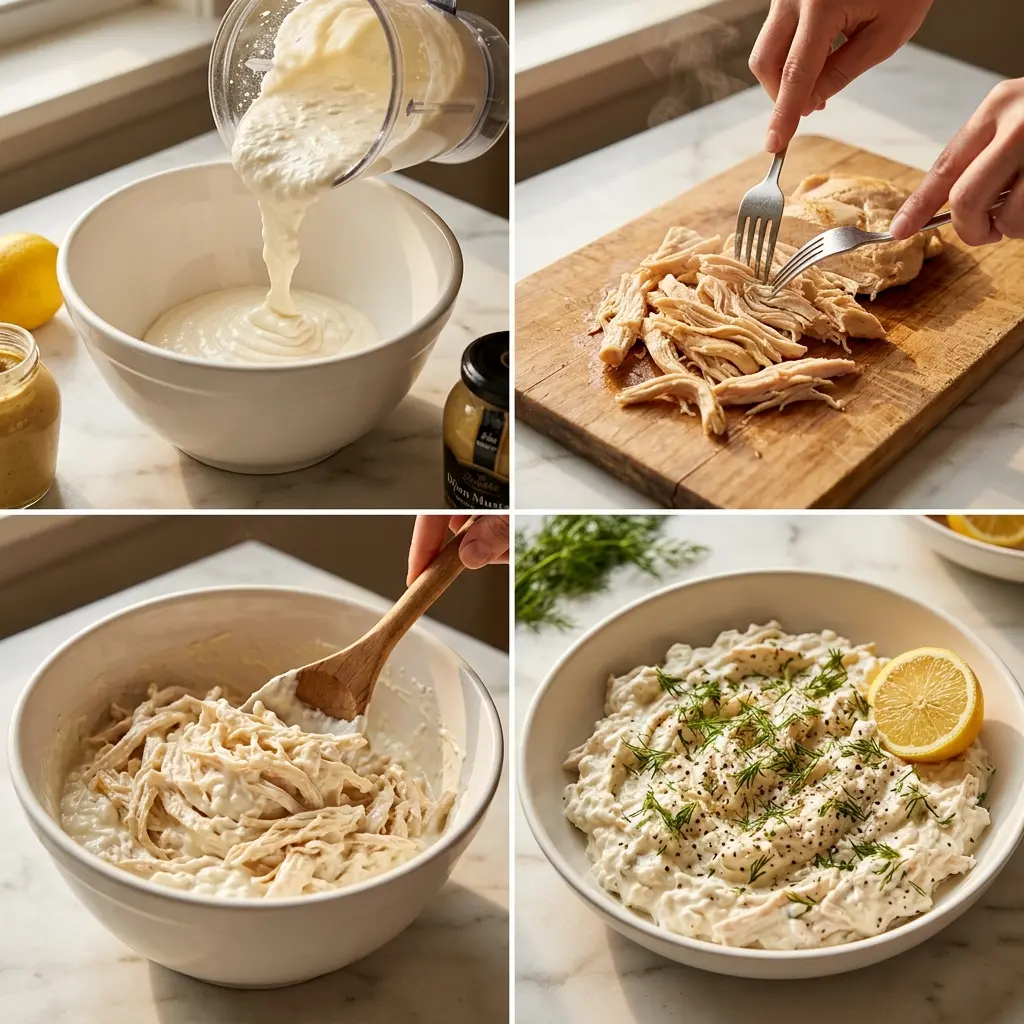 4-step cooking process collage for high protein cottage cheese chicken salad showing blending, shredding, combining, and plating