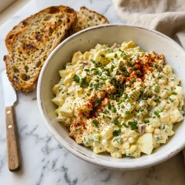high protein cottage cheese egg salad in white ceramic bowl topped with paprika and chives
