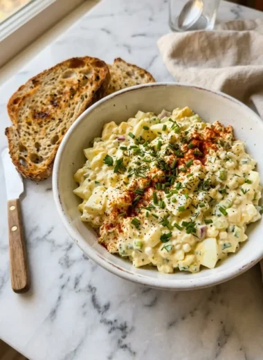 high protein cottage cheese egg salad in white ceramic bowl topped with paprika and chives