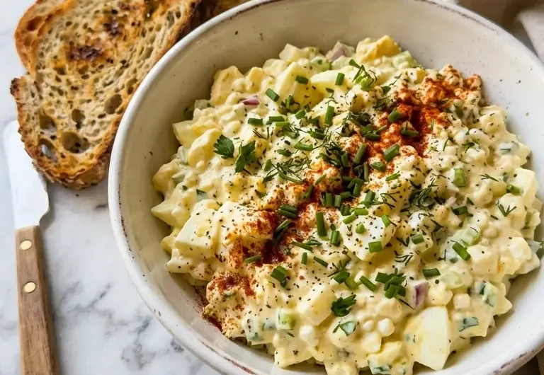 high protein cottage cheese egg salad in white ceramic bowl topped with paprika and chives